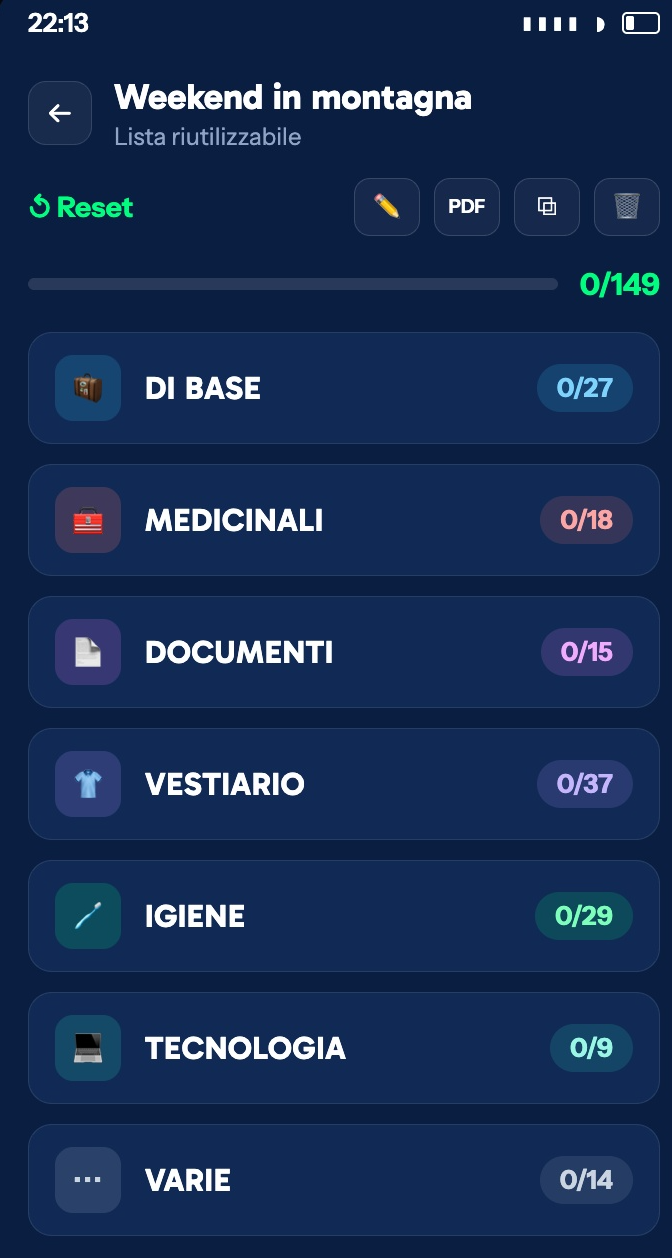 Valigiamo screen showing checklist categories [TODO revisione]