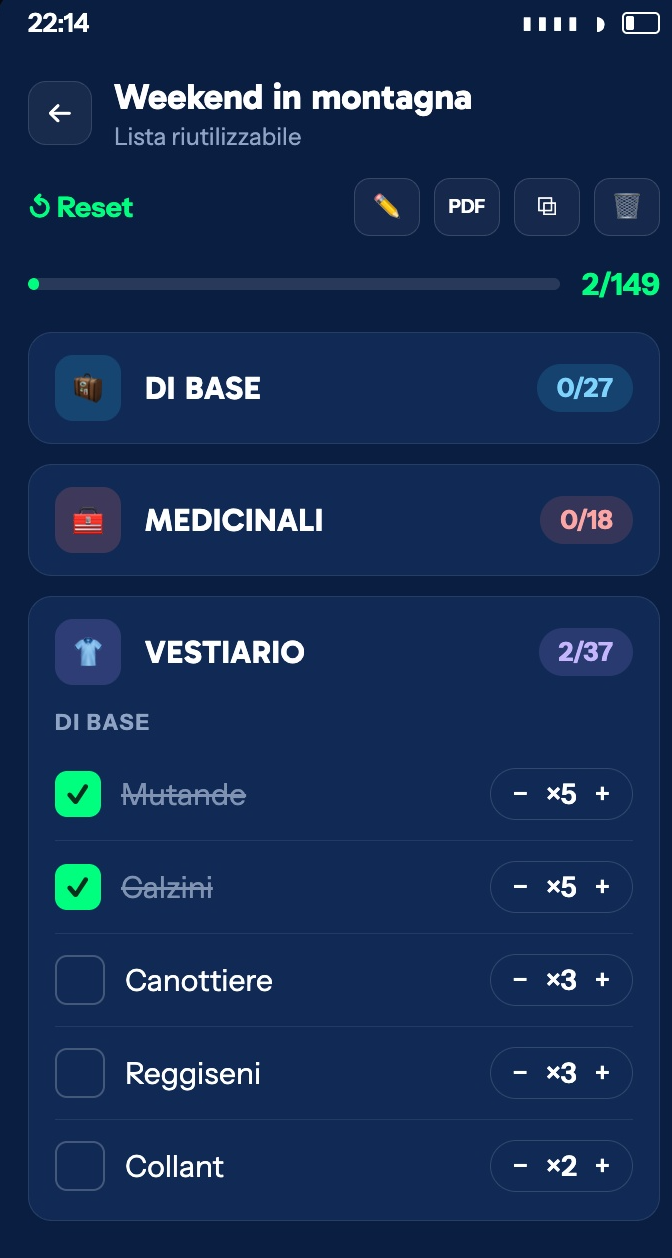 Valigiamo screen showing checklist detail [TODO revisione]