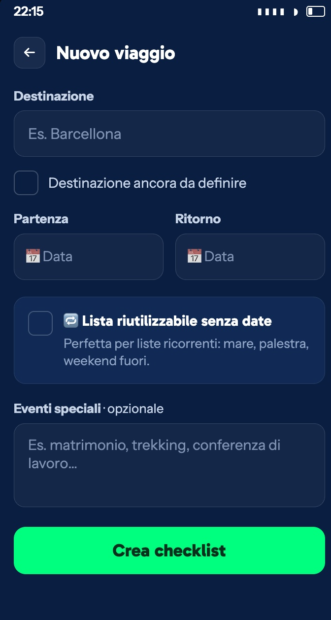 Valigiamo screen for creating a new trip [TODO revisione]